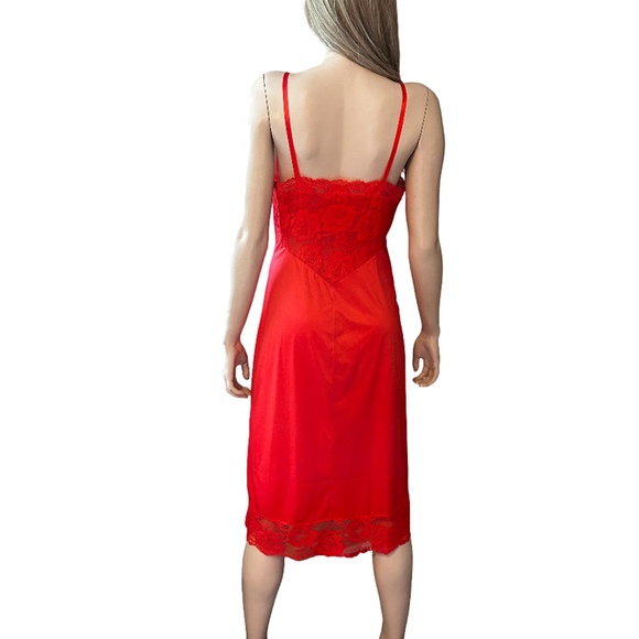 Vanity Fair Vtg 50s 60s Slip Chemise Lipstick Red Tricot Nylon Lace Bodice Lacy - Picture 9 of 16